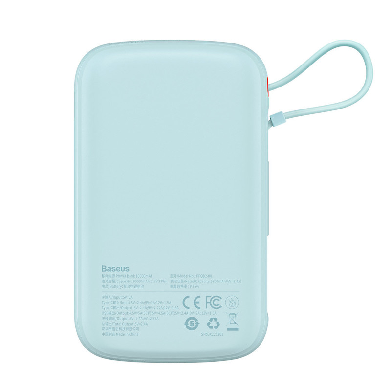 Qpow Powerbank 10000mAh integruotas kabelis iPhone Lightning 20W Quick Charge mėlynas