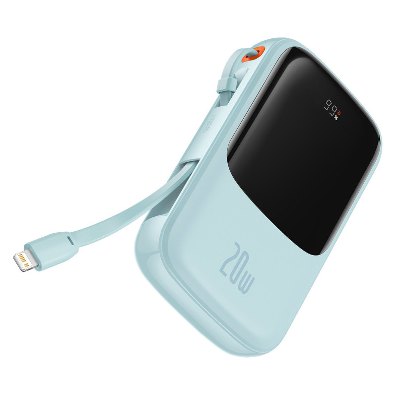 Qpow Powerbank 10000mAh integruotas kabelis iPhone Lightning 20W Quick Charge mėlynas