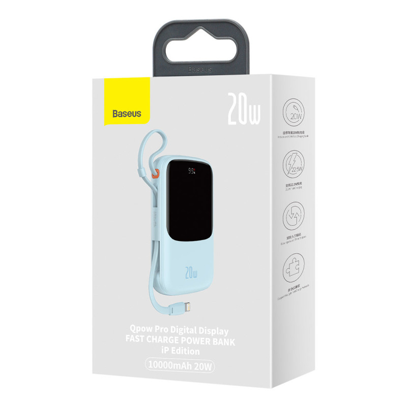 Qpow Powerbank 10000mAh integruotas kabelis iPhone Lightning 20W Quick Charge mėlynas