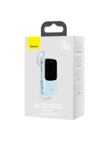 Qpow Powerbank 10000mAh integruotas kabelis iPhone Lightning 20W Quick Charge mėlynas Qpow Powerbank 10000mAh integruotas kabelis iPhone Lightning 20W Quick Charge mėlynas