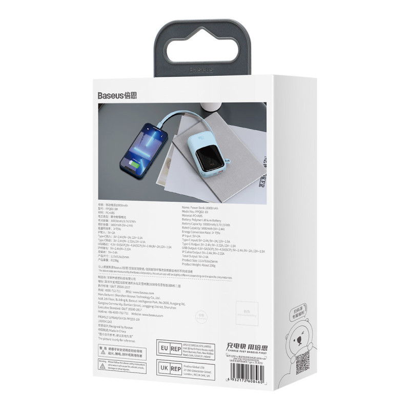 Qpow Powerbank 10000mAh integruotas kabelis iPhone Lightning 20W Quick Charge mėlynas