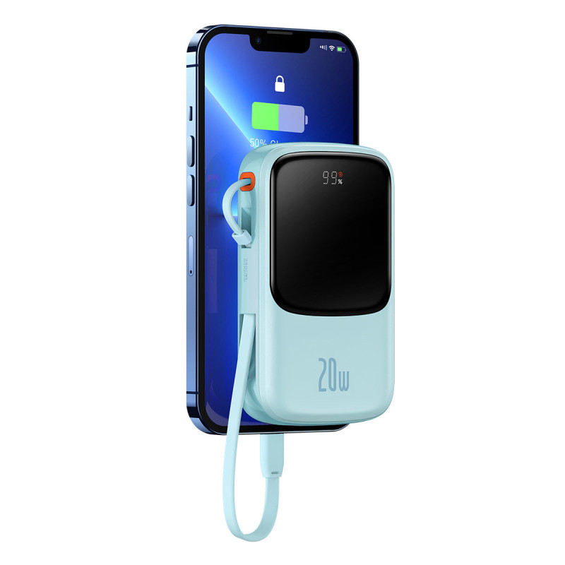 Qpow Powerbank 10000mAh integruotas kabelis iPhone Lightning 20W Quick Charge mėlynas