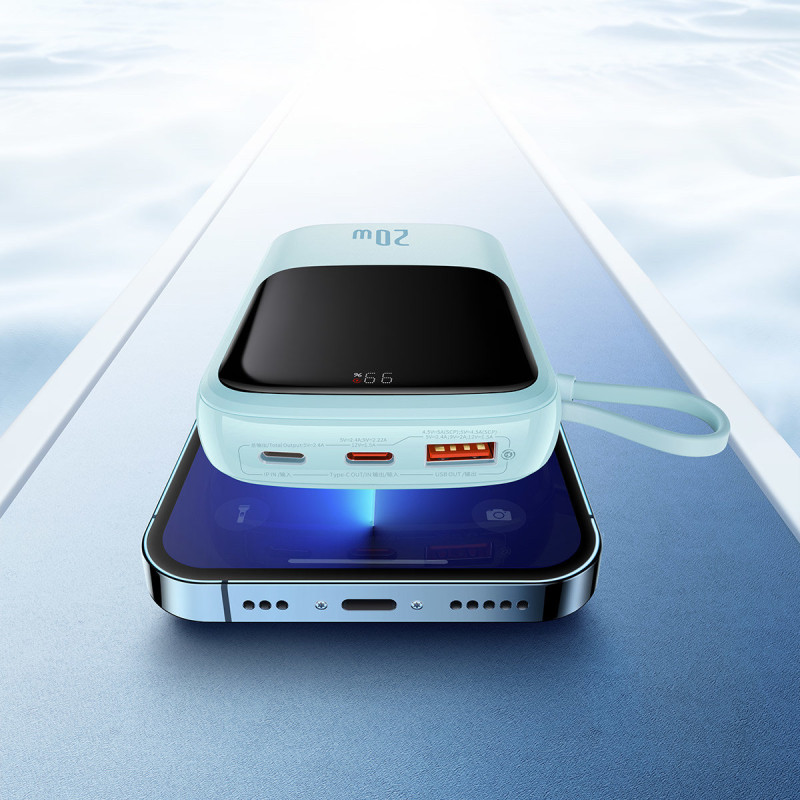 Qpow Powerbank 10000mAh integruotas kabelis iPhone Lightning 20W Quick Charge mėlynas