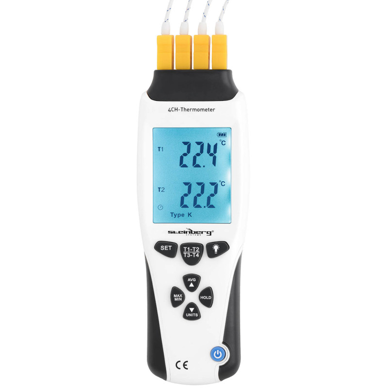 Termometras pramoninis temperatūros matuoklis 4 kanalų K/J LCD diapazonas -200 iki 1370 C