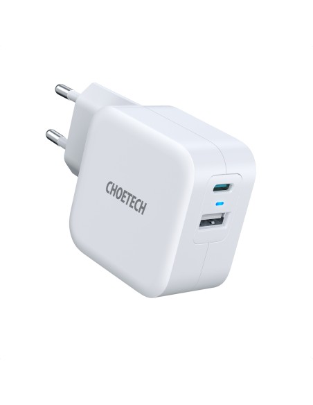 Greitas įkroviklis QC PD 38W 5A USB Type C + USB-A baltas Greitas įkroviklis QC PD 38W 5A USB Type C + USB-A baltas