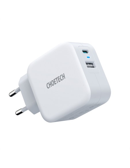 Greitas įkroviklis QC PD 38W 5A USB Type C + USB-A baltas Greitas įkroviklis QC PD 38W 5A USB Type C + USB-A baltas