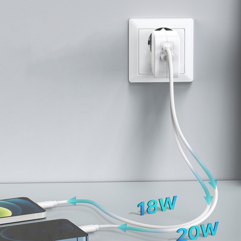 Greitas įkroviklis QC PD 38W 5A USB Type C + USB-A baltas