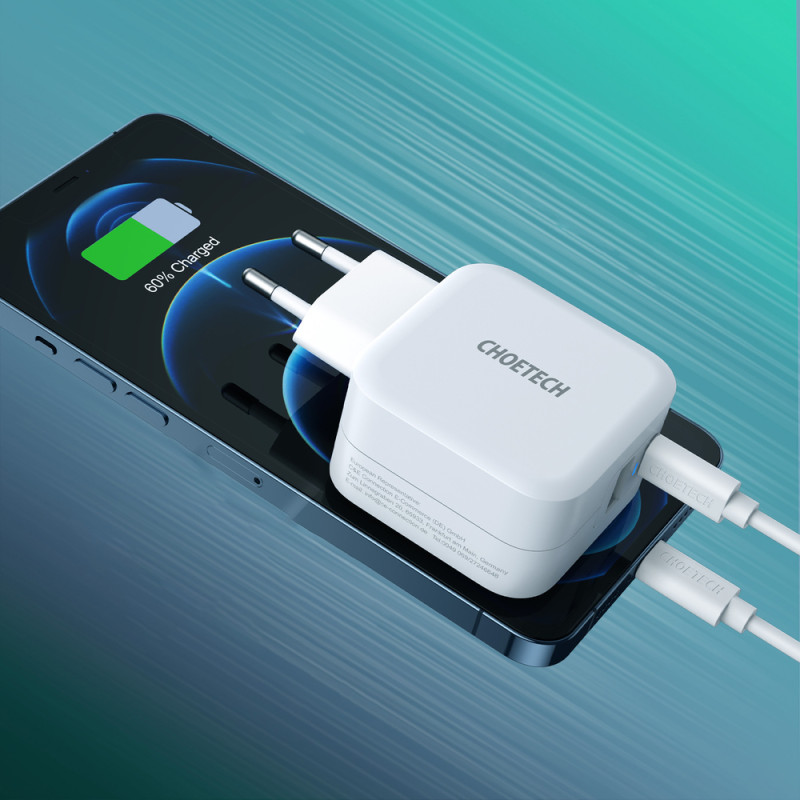 Greitas įkroviklis QC PD 38W 5A USB Type C + USB-A baltas