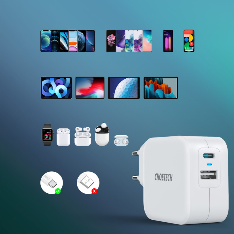 Greitas įkroviklis QC PD 38W 5A USB Type C + USB-A baltas