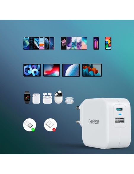 Greitas įkroviklis QC PD 38W 5A USB Type C + USB-A baltas Greitas įkroviklis QC PD 38W 5A USB Type C + USB-A baltas