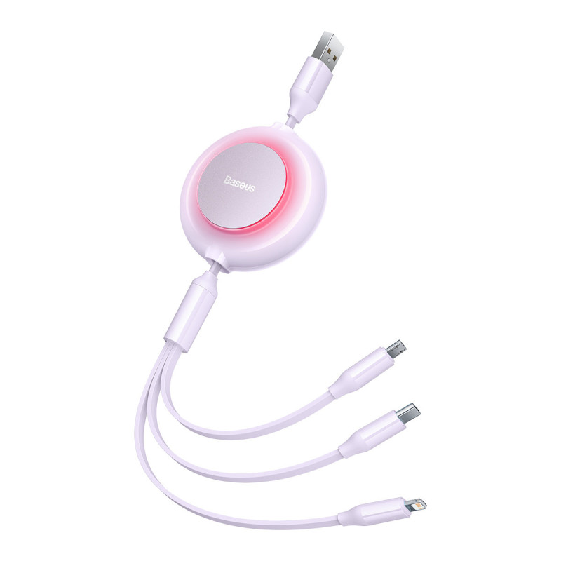 Bright Mirror 2 kabelis 3in1 kabelis A tipo USB microUSB + iPhone Lightning + USB-C 3.5A 1.1m violetinė