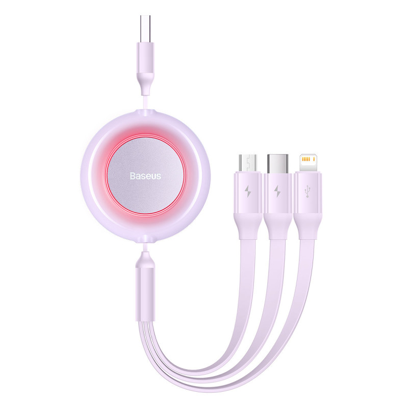 Bright Mirror 2 kabelis 3in1 kabelis A tipo USB microUSB + iPhone Lightning + USB-C 3.5A 1.1m violetinė