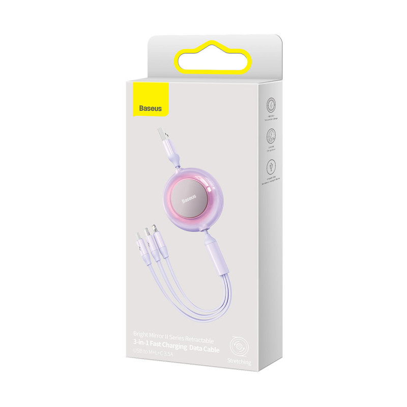 Bright Mirror 2 kabelis 3in1 kabelis A tipo USB microUSB + iPhone Lightning + USB-C 3.5A 1.1m violetinė