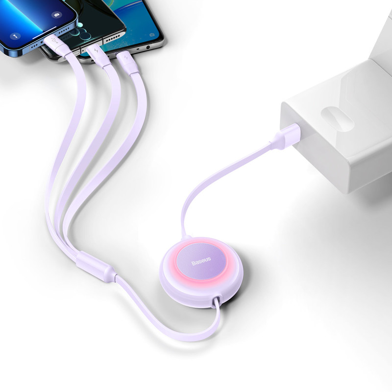 Bright Mirror 2 kabelis 3in1 kabelis A tipo USB microUSB + iPhone Lightning + USB-C 3.5A 1.1m violetinė