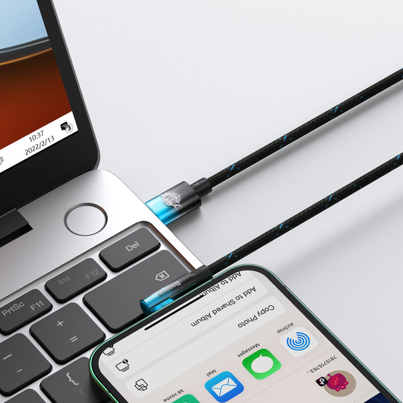 Kampinis laidas Maitinimo laidas su šoniniu USB-C kištuku iPhone Lightning 2m 20W mėlynas