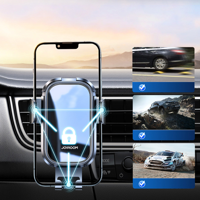 Gravitacinis automobilinis laikiklis išmaniajam telefonui pilkoms ventiliacijos grotelėms