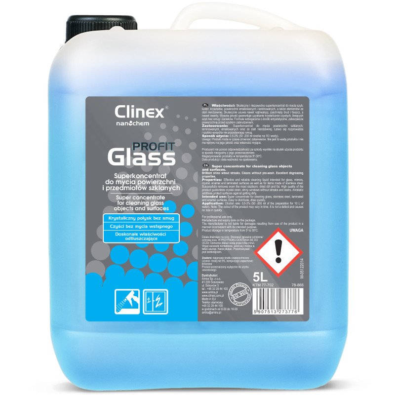 CLINEX PROFIT Glass 5L yra efektyvus koncentratas stiklo, veidrodžių ir nerūdijančio plieno valymui.