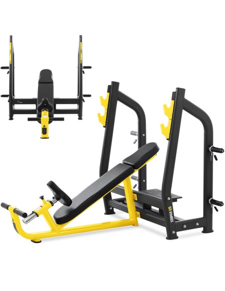 Treniruočių suoliukas po štanga pasvirusi galvai aukštyn juodai geltonai