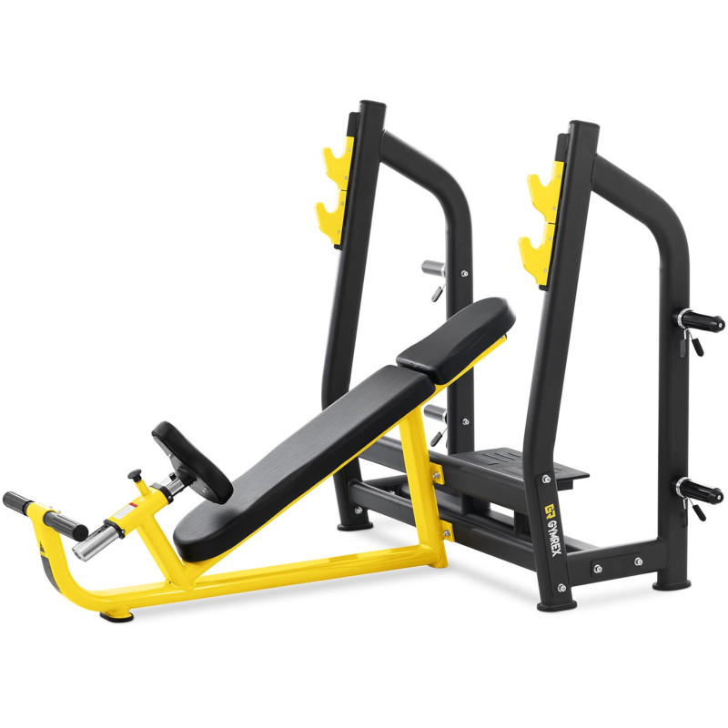 Treniruočių suoliukas po štanga pasvirusi galvai aukštyn juodai geltonai