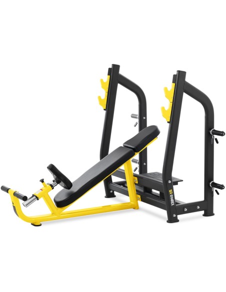 Treniruočių suoliukas po štanga pasvirusi galvai aukštyn juodai geltonai