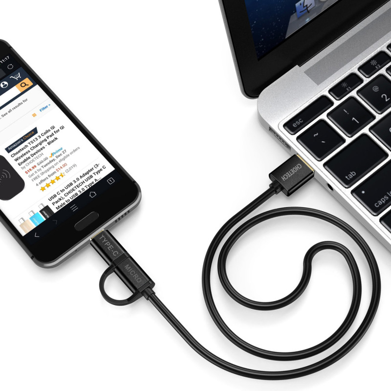 USB laidas – USB-C micro USB 1.2m 3A 2in1black