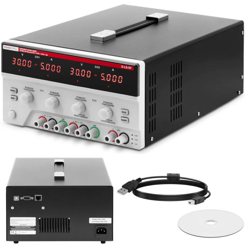 Serviso laboratorijos maitinimo šaltinis 0-30 V 0-5 A 2x 150 W LED USB LAN RS234