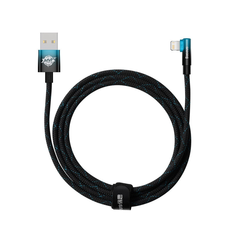 Kampinis kabelio laidas su šoniniu USB kištuku Iphone Lightning 2m 2.4A mėlynas