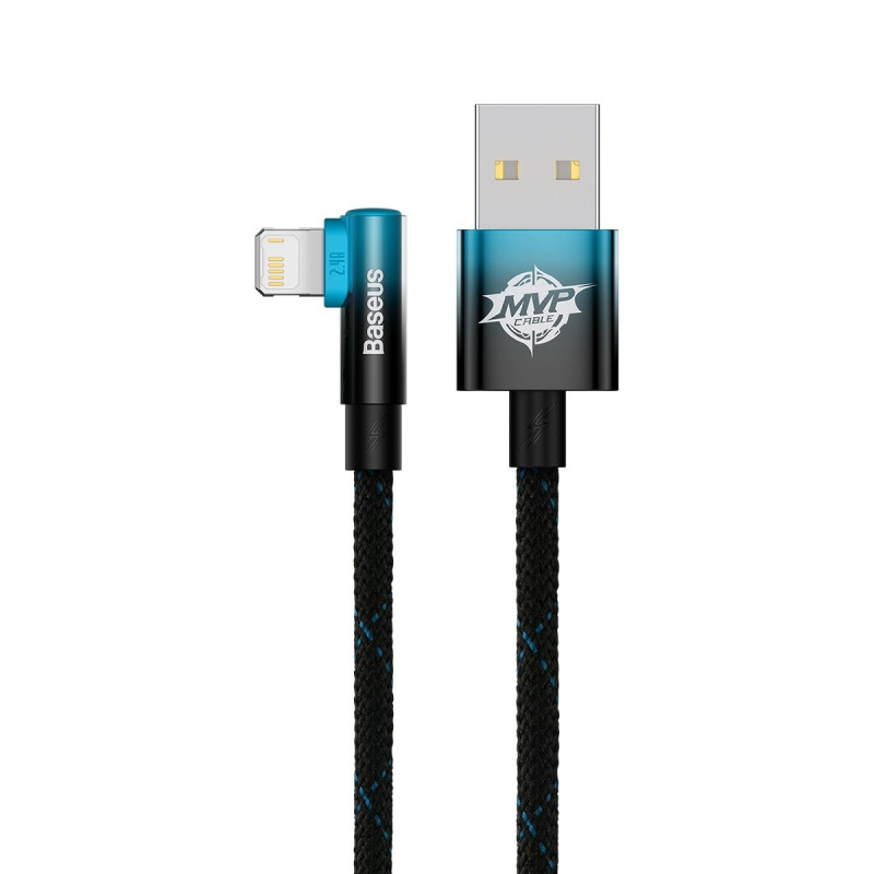Kampinis kabelio laidas su šoniniu USB kištuku Iphone Lightning 2m 2.4A mėlynas