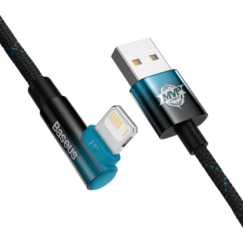 Kampinis kabelio laidas su šoniniu USB kištuku Iphone Lightning 2m 2.4A mėlynas