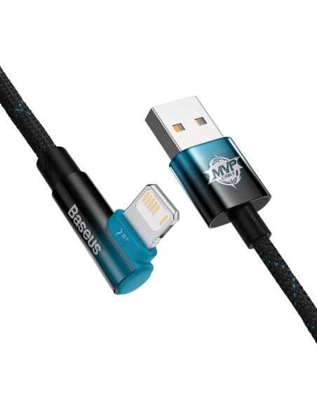 Kampinis kabelio laidas su šoniniu USB kištuku Iphone Lightning 2m 2.4A mėlynas Kampinis kabelio laidas su šoniniu USB kištuku Iphone Lightning 2m 2.4A mėlynas