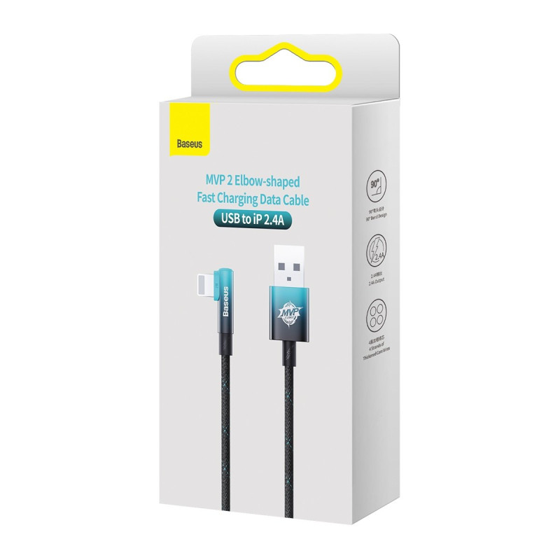Kampinis kabelio laidas su šoniniu USB kištuku Iphone Lightning 2m 2.4A mėlynas