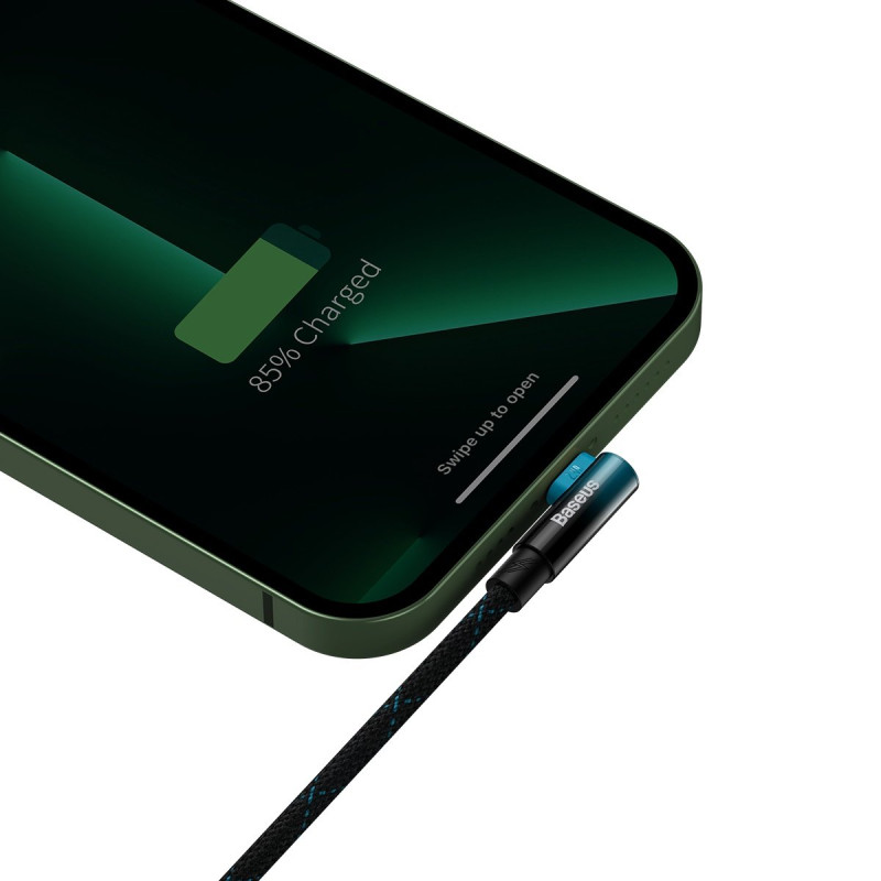 Kampinis kabelio laidas su šoniniu USB kištuku Iphone Lightning 2m 2.4A mėlynas