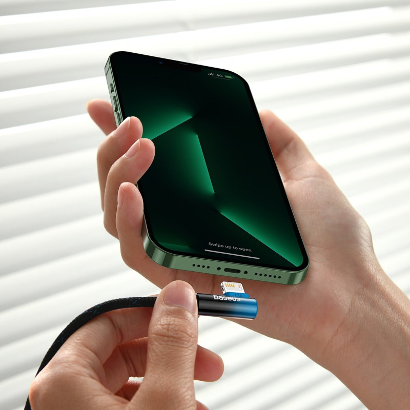 Kampinis kabelio laidas su šoniniu USB kištuku Iphone Lightning 2m 2.4A mėlynas
