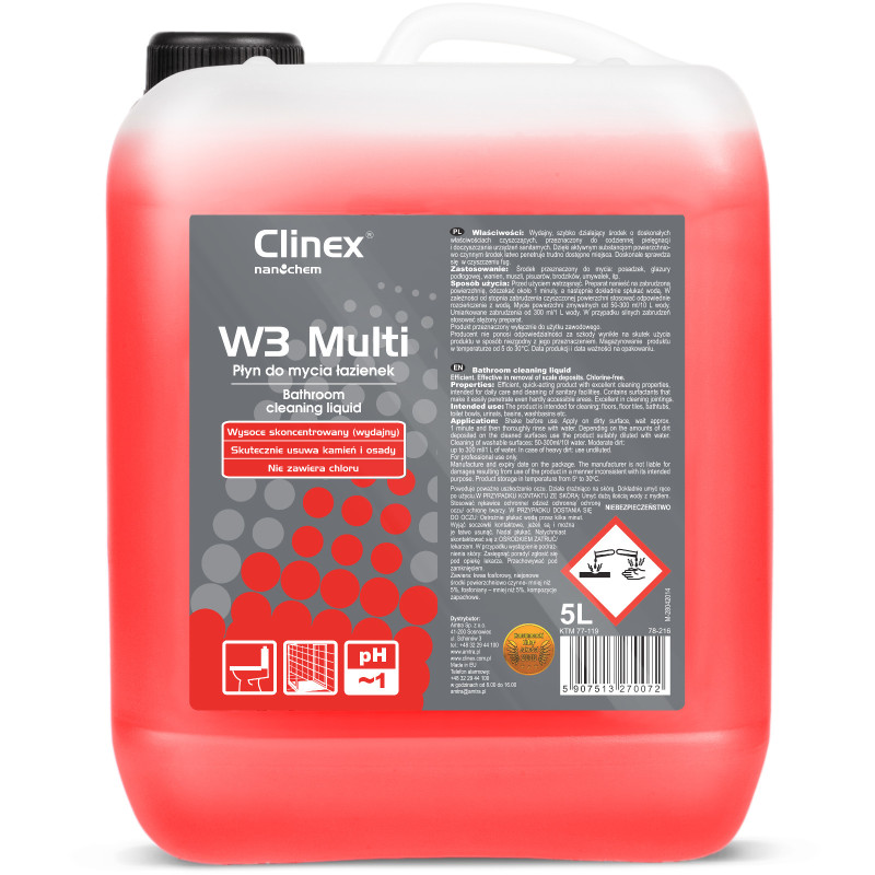 CLINEX W3 Multi 5L yra puikus skystis vonios ir sanitarinių prietaisų plovimui CLINEX W3 Multi 5L yra puikus skystis vonios ir sanitarinių prietaisų plovimui