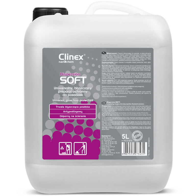 Grindų blizgesio priemonė vinilo teraco plytelės betonas PVC CLINEX Dispersion SOFT 5L Grindų blizgesio priemonė vinilo teraco plytelės betonas PVC CLINEX Dispersion SOFT 5L