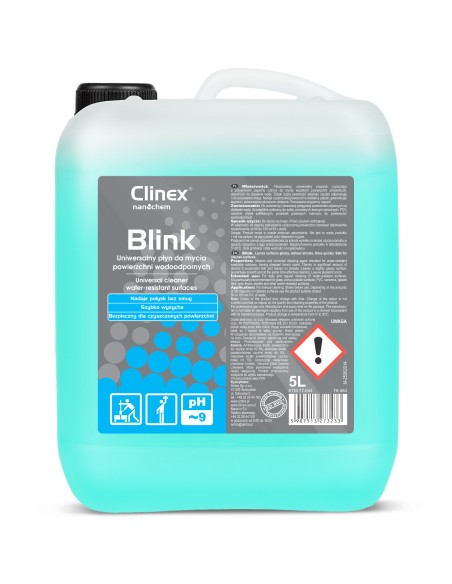 Universalus skystis paviršių plovimui be dryžių, blizgesio, citrinų kvapo CLINEX Blink 5L Universalus skystis paviršių plovimui be dryžių, blizgesio, citrinų kvapo CLINEX Blink 5L