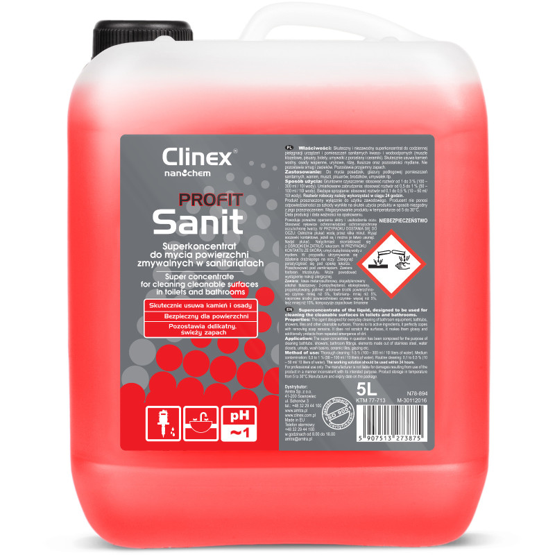 Stiprus koncentratas sanitarinėms patalpoms, glazūrai, vonioms, pisuarams, praustuvams valyti CLINEX PROFIT Sanit 5L Stiprus koncentratas sanitarinėms patalpoms, glazūrai, vonioms, pisuarams, praustuvams valyti CLINEX PROFIT Sanit 5L