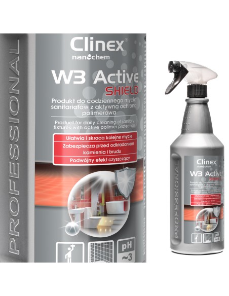Preparatas vonios tualetui valyti pašalina rūdis ir apnašas nuo muilo CLINEX W3 Active SHIELD 1L Preparatas vonios tualetui valyti pašalina rūdis ir apnašas nuo muilo CLINEX W3 Active SHIELD 1L