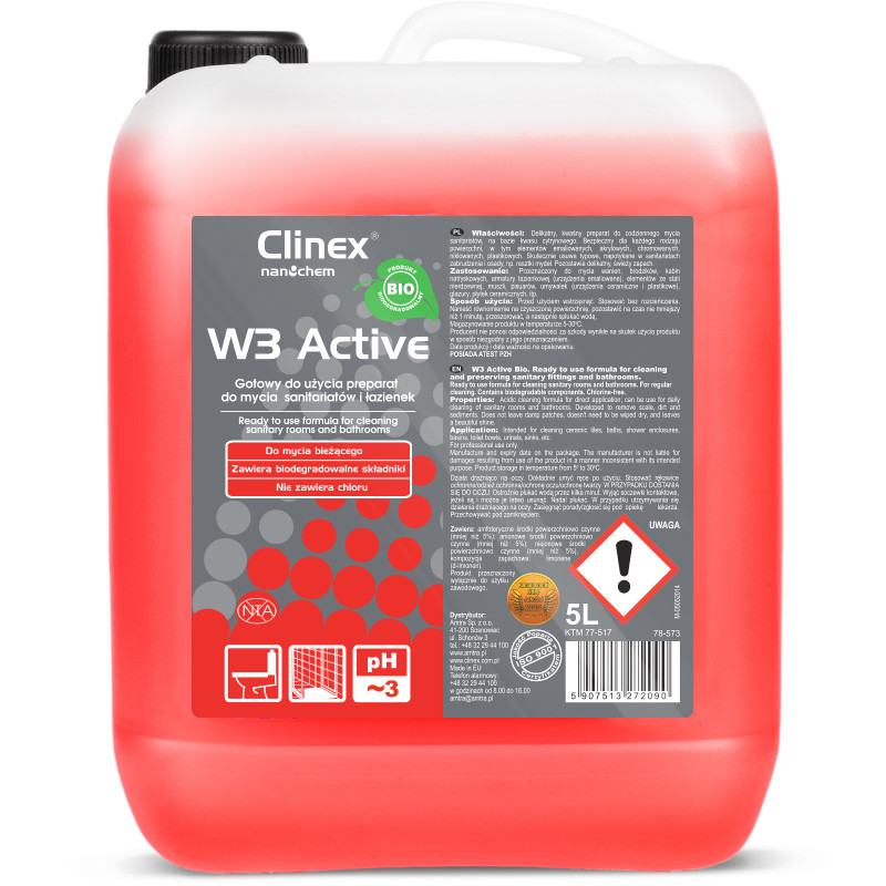 Santechnikos ir vonios valiklis citrinų rūgšties pagrindu CLINEX W3 Active BIO 5L