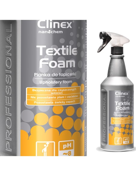 Skalbimo putos, skirtos valyti dėmes nuo kilimų, baldų ir apmušalų CLINEX Textile Foam 1L Skalbimo putos, skirtos valyti dėmes nuo kilimų, baldų ir apmušalų CLINEX Textile Foam 1L