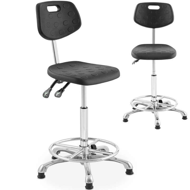 Dirbtuvių darbo kėdė su atlošu ir kojų atrama CHROM iki 120 kg 515-780 mm juoda