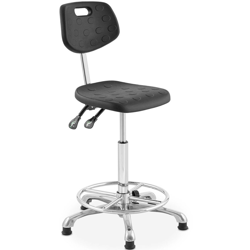 Dirbtuvių darbo kėdė su atlošu ir kojų atrama CHROM iki 120 kg 515-780 mm juoda
