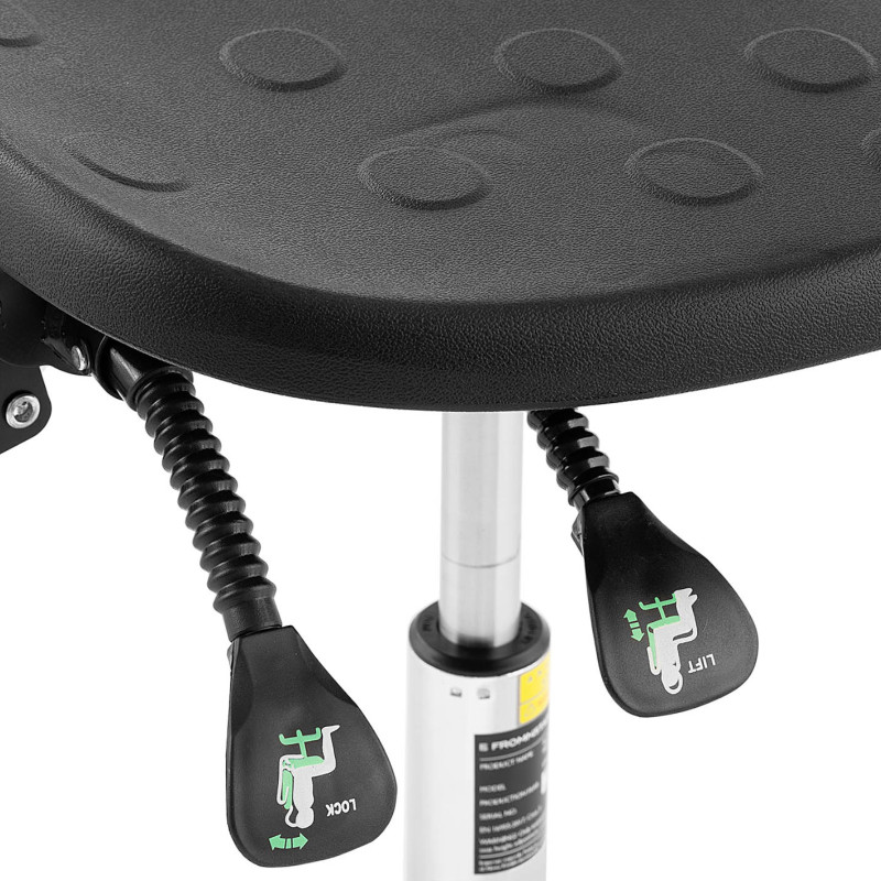 Dirbtuvių darbo kėdė su atlošu ir kojų atrama CHROM iki 120 kg 515-780 mm juoda
