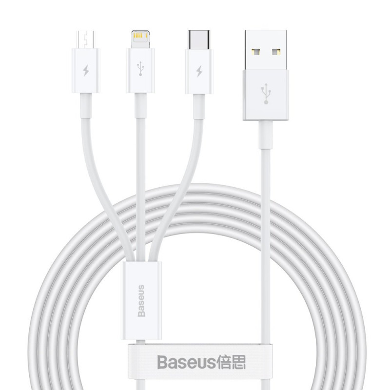 Puikus trys viename USB laidas iPhone Lightning USB-C microUSB 3,5 A 1,5 m baltas