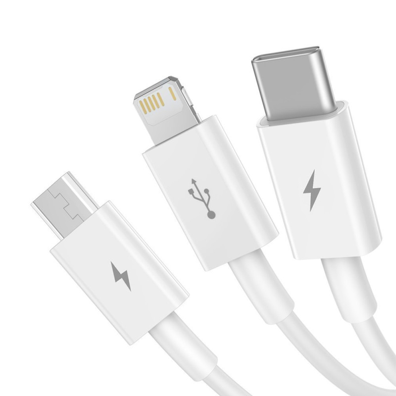 Puikus trys viename USB laidas iPhone Lightning USB-C microUSB 3,5 A 1,5 m baltas