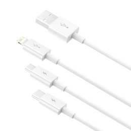 Puikus trys viename USB laidas iPhone Lightning USB-C microUSB 3,5 A 1,5 m baltas