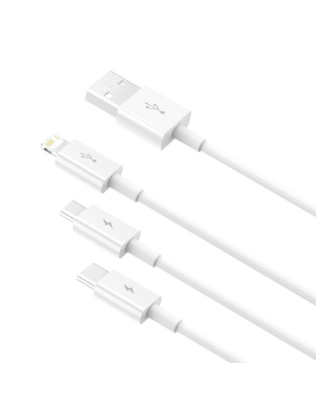 Puikus trys viename USB laidas iPhone Lightning USB-C microUSB 3,5 A 1,5 m baltas