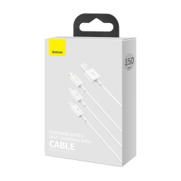 Puikus trys viename USB laidas iPhone Lightning USB-C microUSB 3,5 A 1,5 m baltas