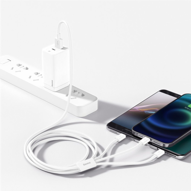 Puikus trys viename USB laidas iPhone Lightning USB-C microUSB 3,5 A 1,5 m baltas