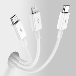 Puikus trys viename USB laidas iPhone Lightning USB-C microUSB 3,5 A 1,5 m baltas